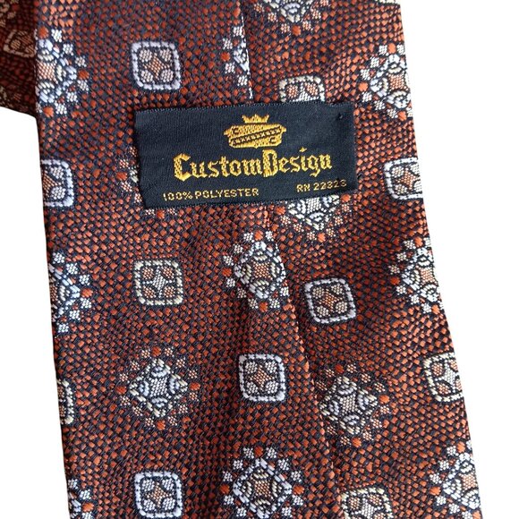 Vintage Custom Design Geometric Pattern Tie Brown/Orange 100% Polyester 56" 4" - Picture 3 of 4